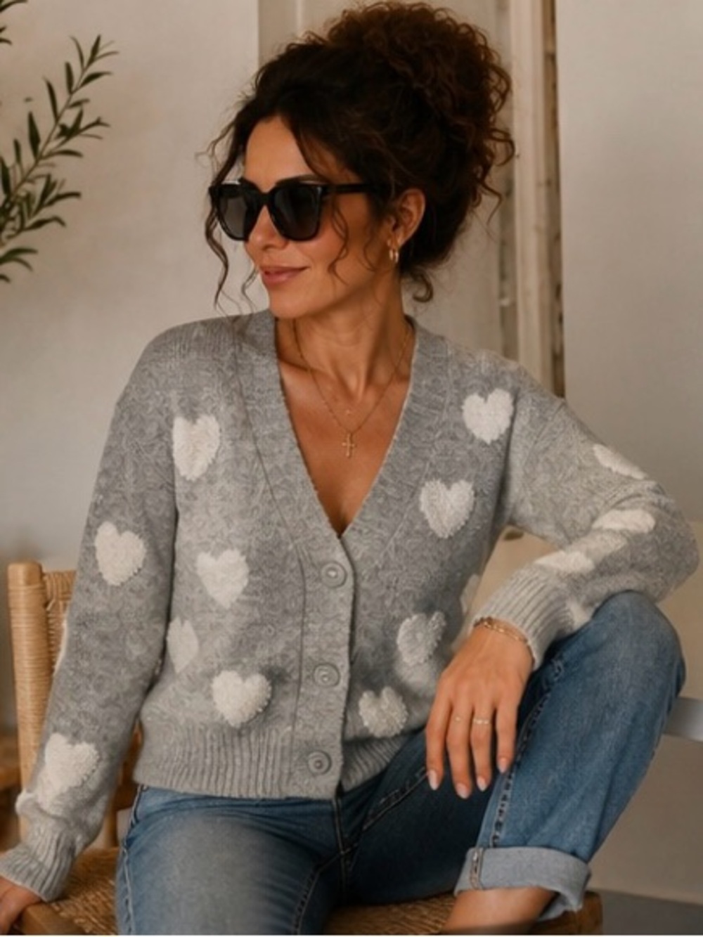 Cupcakes and Cashmere Gray Heart Cardigan Sweater Soft Cozy Knit Size M - Picture 5 of 12